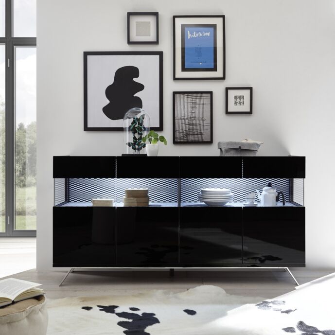 Madia 4 ante nero lucido con piedino in ferro