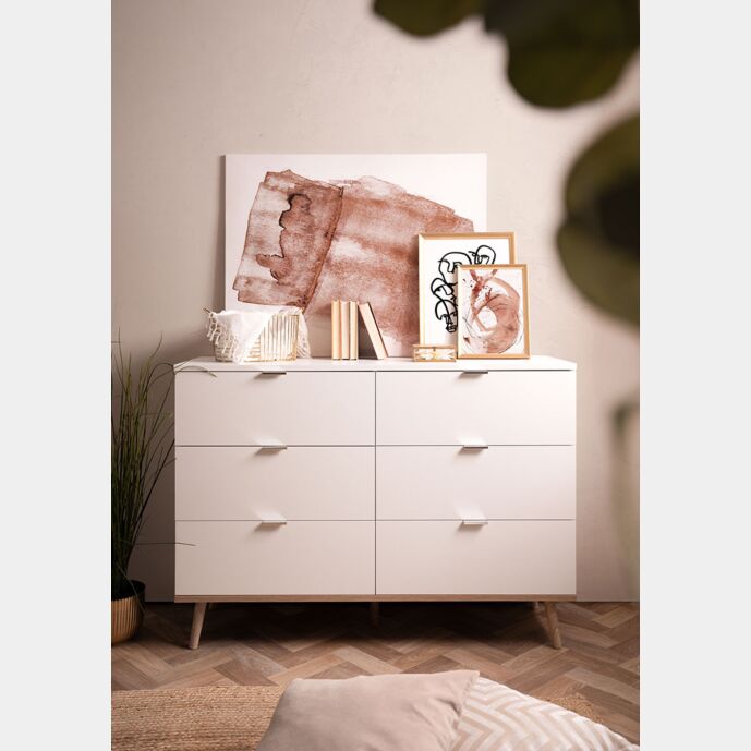 Cassettiera 6 cassetti in finitura bianco con piedi in legno