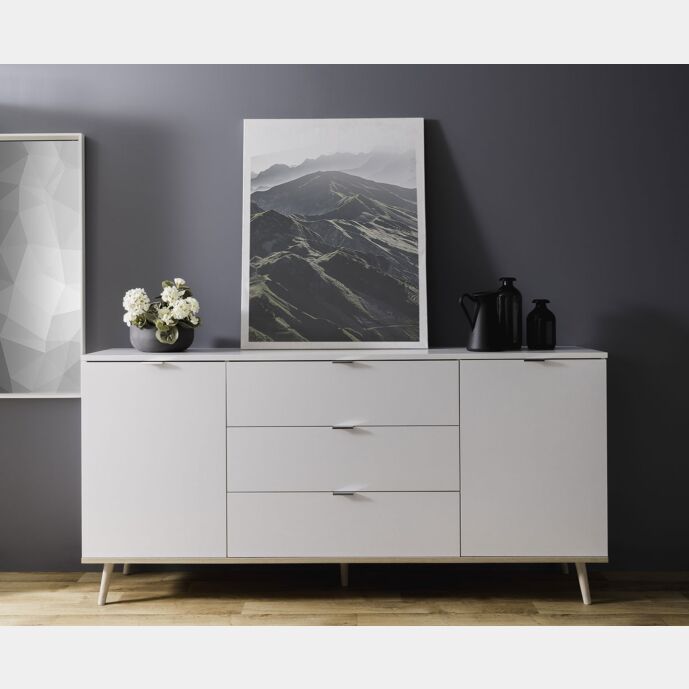 Madia in stile nordico in finitura Bianco e Quercia, 2 ante e 3 cassetti