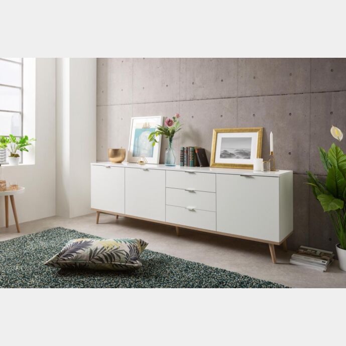 Madia in stile nordico in finitura Bianco e Quercia, 3 ante e 3 cassetti