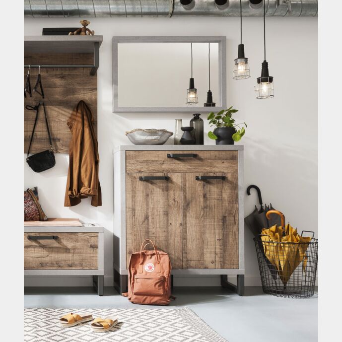 Offerta scarpiera industry, 2 ante + 1 cassetto, cemento e rovere invecchiato