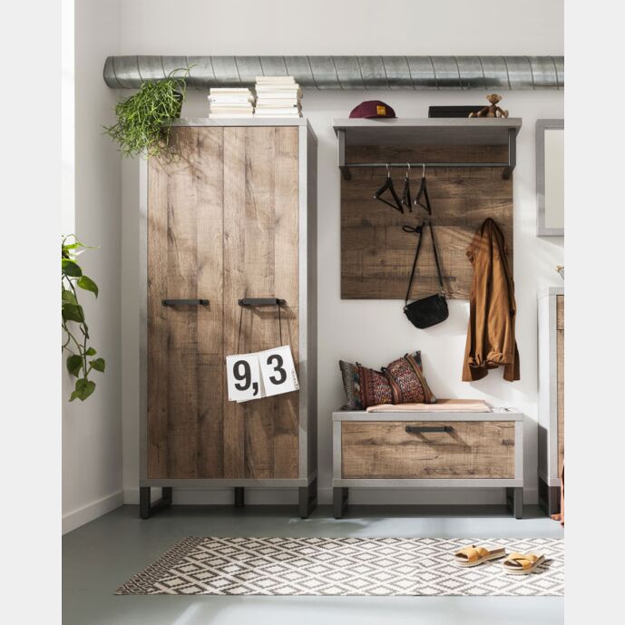 Composizione d'ingresso Industry con Armadio e Panca, Cemento e Rovere invecchiato