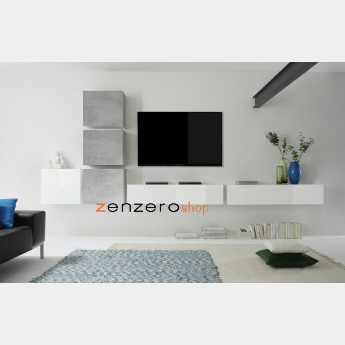 Parete attrezzata con 2 pensili vasistas e ribalte e 4 cubi, finitura Bianco Lucido e Gesso