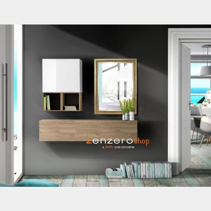 Mobile da ingresso completo con specchio in legno, finitura Noce Stelvio, Cadiz, Bianco Lucido e Oro