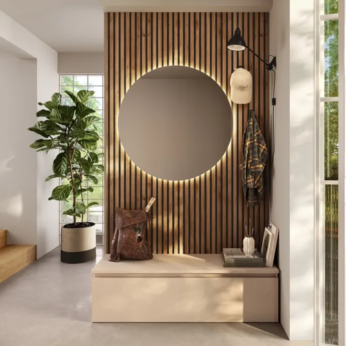 Ingresso moderno con boiserie cannettata, specchio e base, Cashmere e Mercure