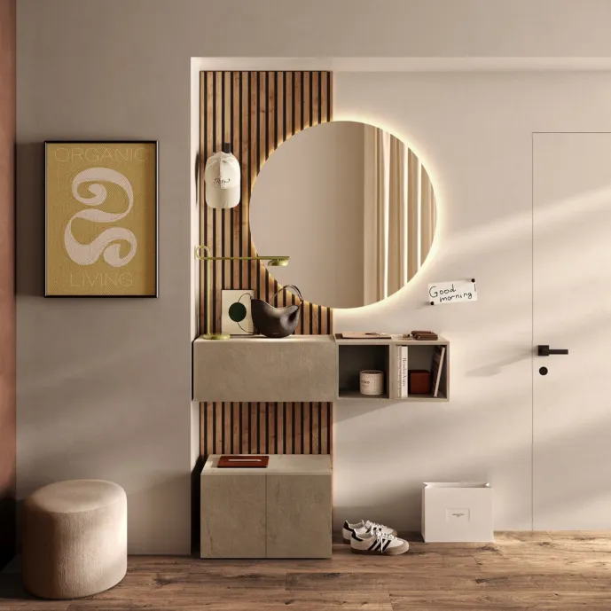 Ingresso moderno con specchio retroilluminato e pannello cannettato, Argilla e Cadiz