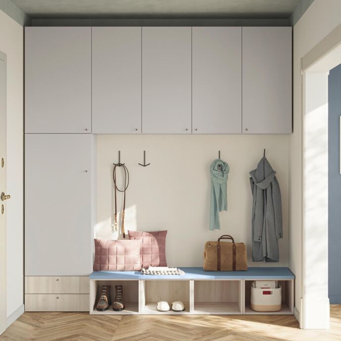 Mobile da ingresso con panca Ciliegio Bianco, Codaques e Grigio Dorian