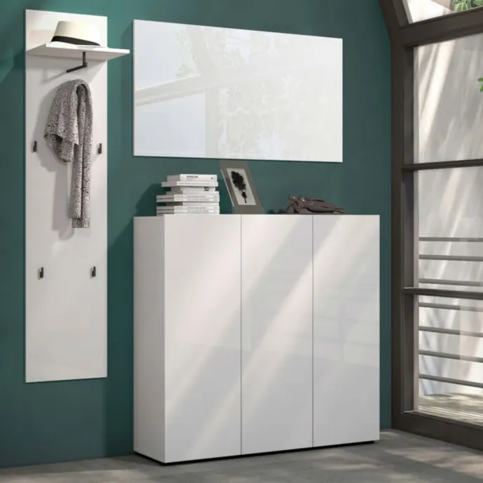 Madia moderna bianco lucido, appendiabiti e specchio 