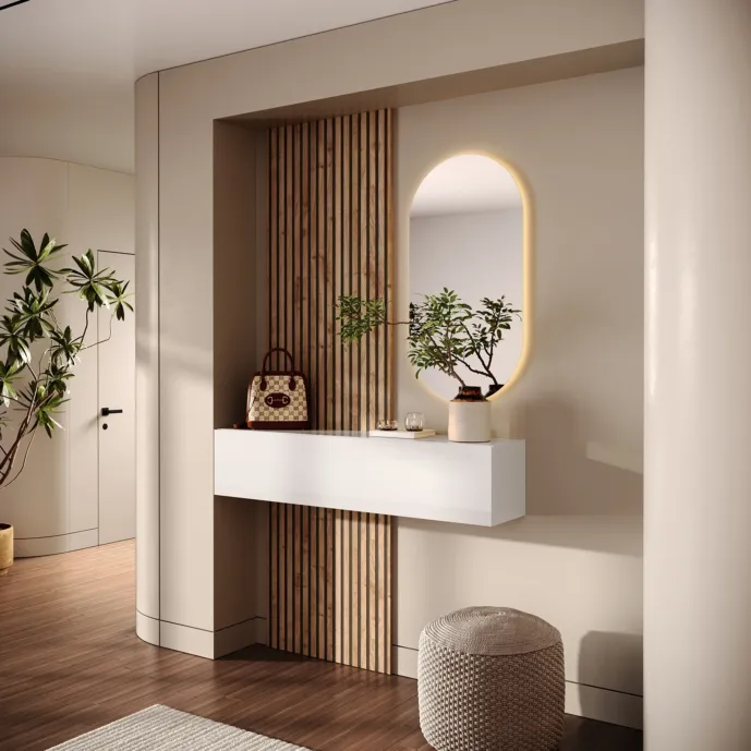 Ingresso moderno con specchio ovale e pannello cannettato, Bianco lucido e Cadiz