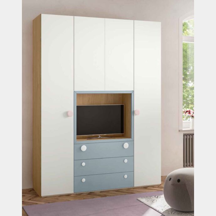 Armadio Noce biondo e Carta da zucchero con 4 ante e 3 cassetti e Vano TV