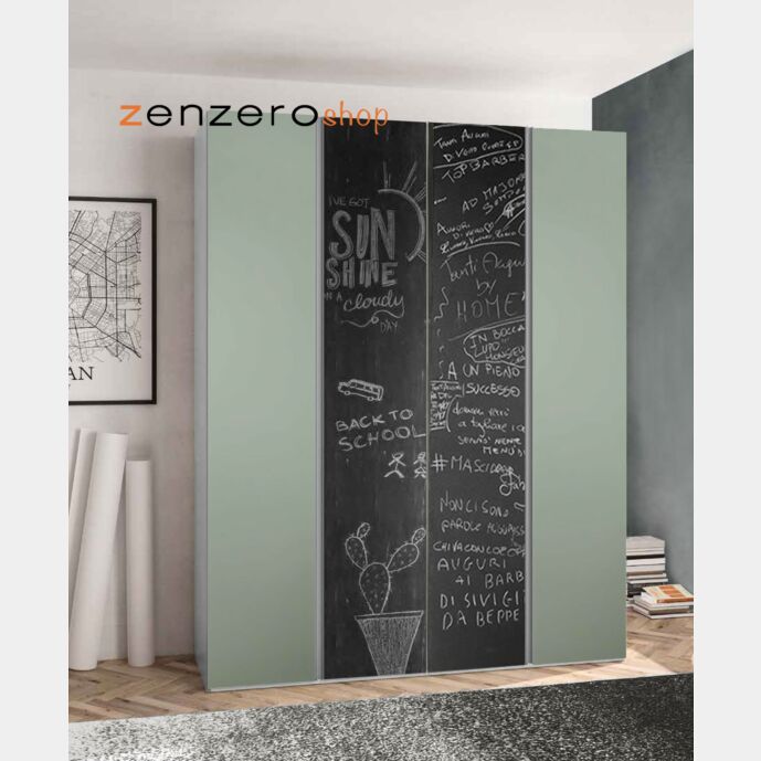 Armadio 4 ante con ante a lavagna e maniglie a gola, colore Agave