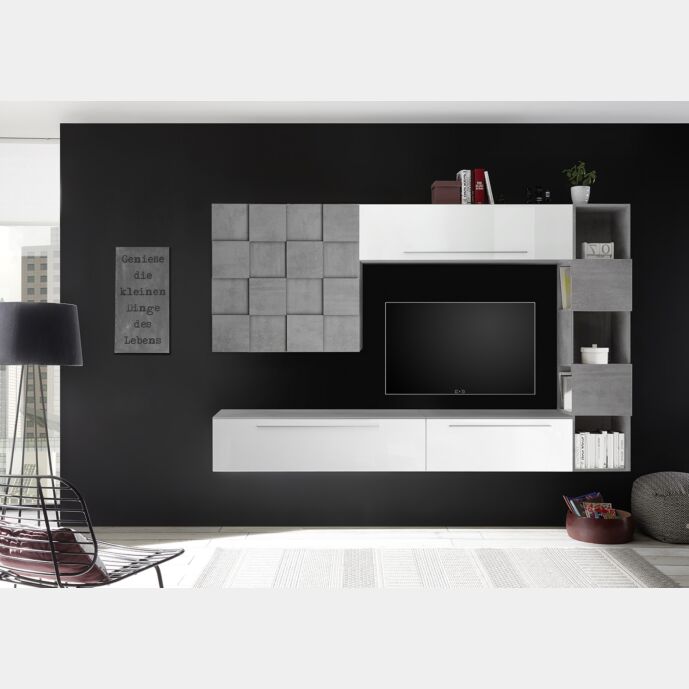 Parete attrezzata bianca laccata lucida e beton, con contenitore, e libreria grande