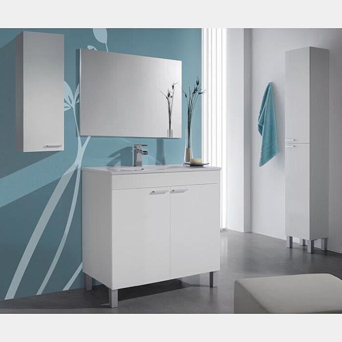 Mobile da bagno con 2 ante battenti più specchiera, finitura bianco lucido