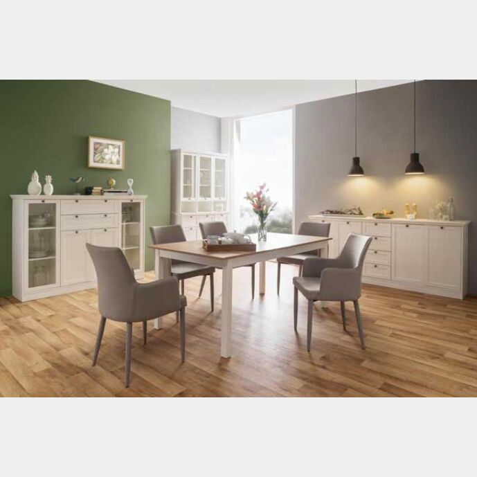 Sala da pranzo composta da due madie e credenza con alzata, finitura bianca