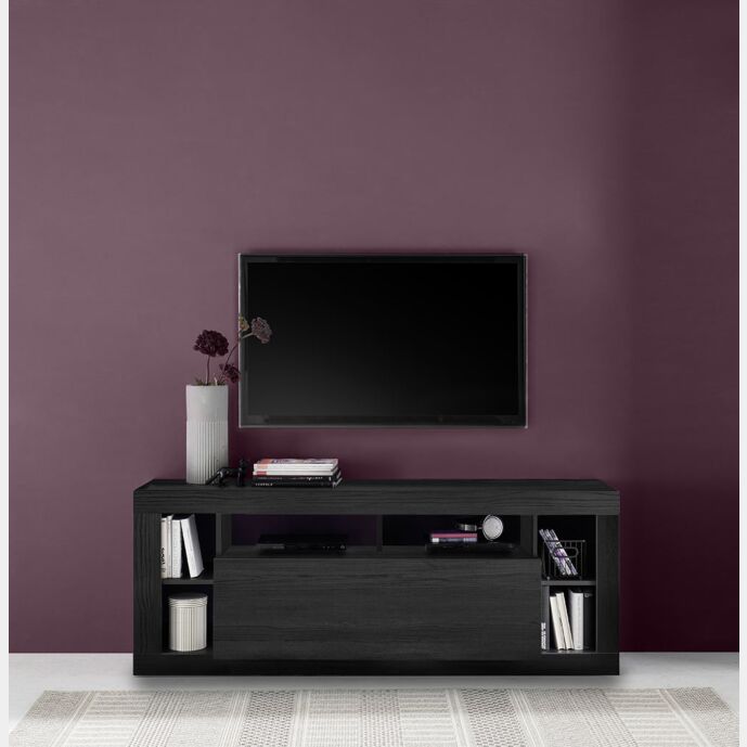 Moderno Porta TV con 1 anta ribalta, colore Nero frassinato