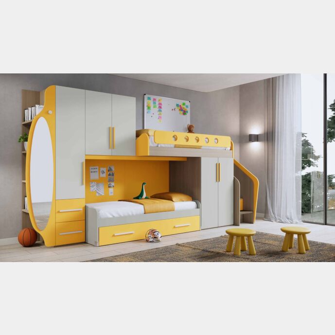 Soppalco per camerette con due posti letto, finitura Nebbia, Rovere ambra e Girasole