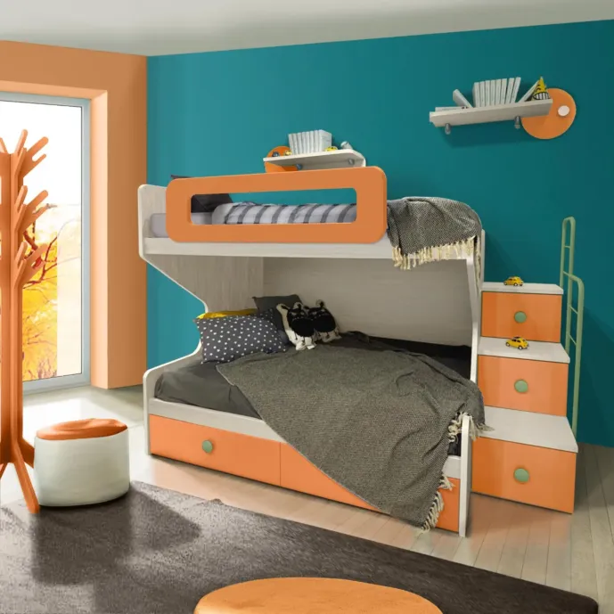 Letto castello 1 piazza e mezza, con scaletta contenitiva, Cenere wood e Albicocca Zenzero Shop