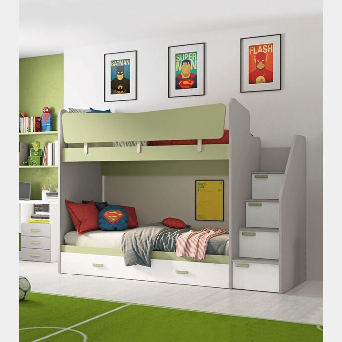 Letto a castello scontato in finitura Grigio dorian, Oliva e Rovere bianco