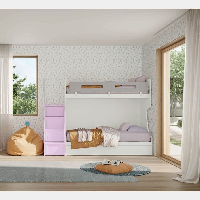 Letto 3 posti a castello, finitura Rovere bianco