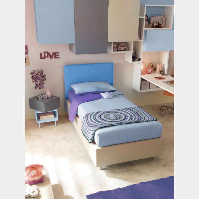 Letto singolo contenitore Zen Moretti Compact, tessuto VL 17 e Crema laccato