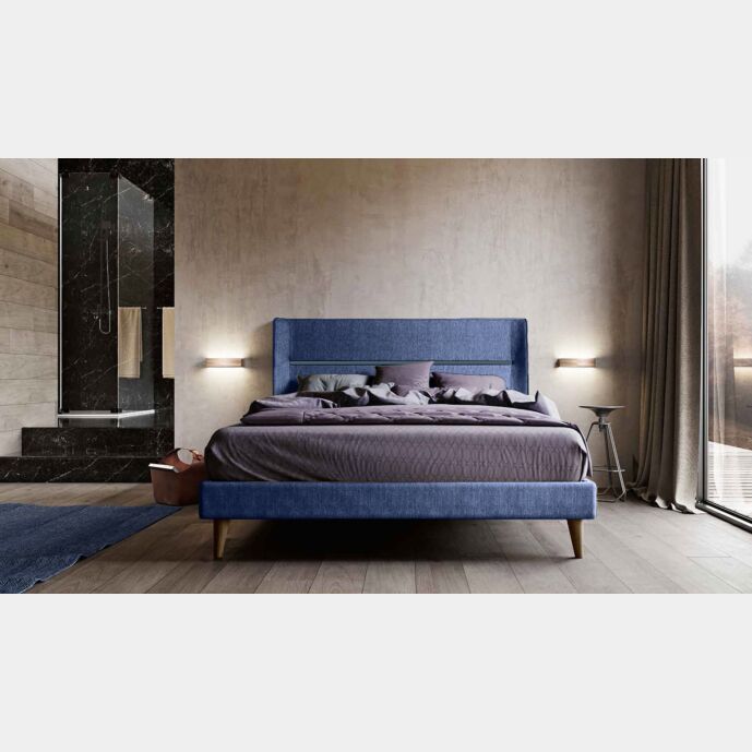 Letto matrimoniale king size, tessuto Denim con inserto finitura Petrolio