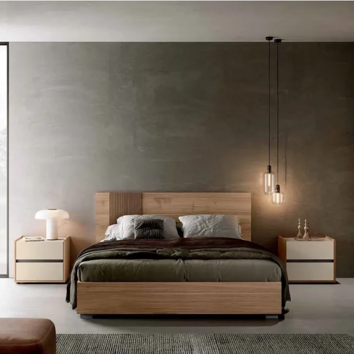 Letto matrimoniale, Noce biondo e Cannettato, 160x190