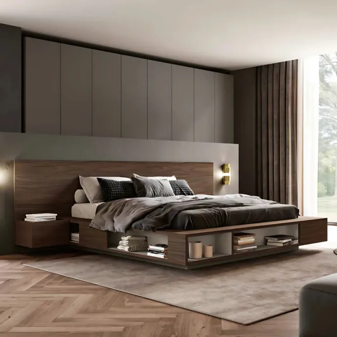 Letto matrimoniale con librerie integrate, , 160x190, Noce moro e Argilla