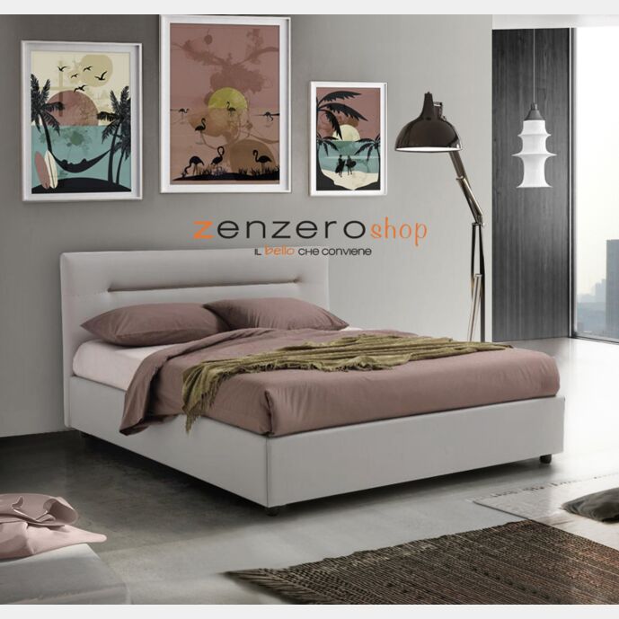 Letto matrimoniale con contenitore, ecopelle color Piuma Bianco