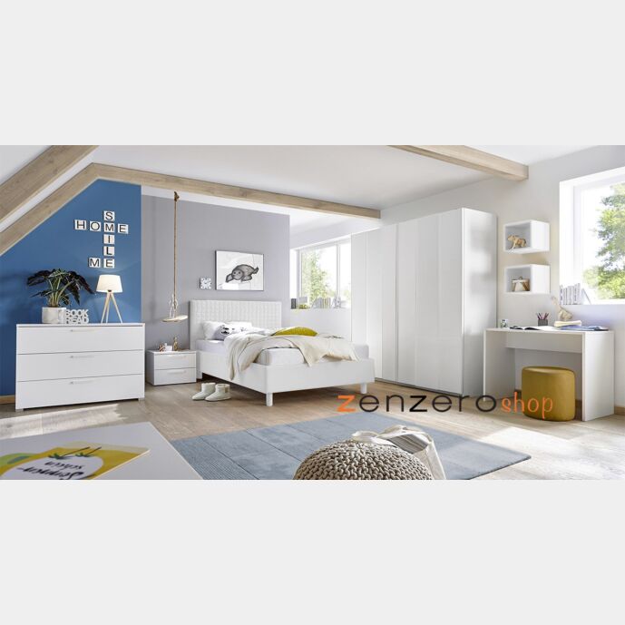 Cameretta moderna con letto in ecopelle e armadio vertigo bianco