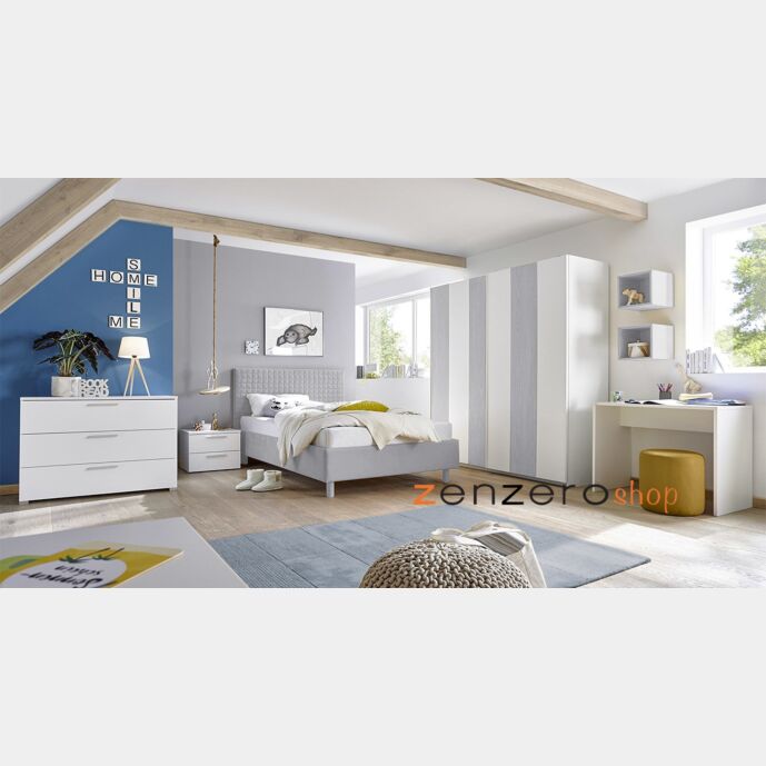 Cameretta moderna con letto imbottito e armadio vertigo grigio H.230