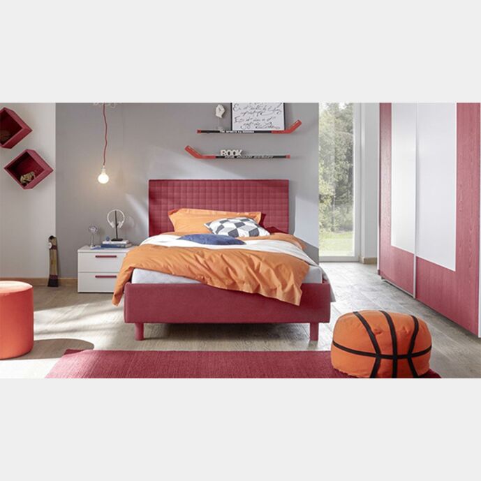 Letto Square rosso in tessuto imbottito una piazza e mezza, testiera riquadrata