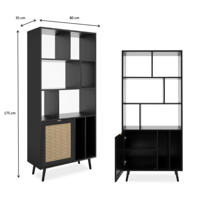 Libreria Arendal con un'anta e vani a giorno, finitura Nero con dettagli Oro