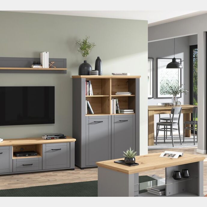 Vetrina contemporanea a 2 ante, finitura Rovere e Carbone