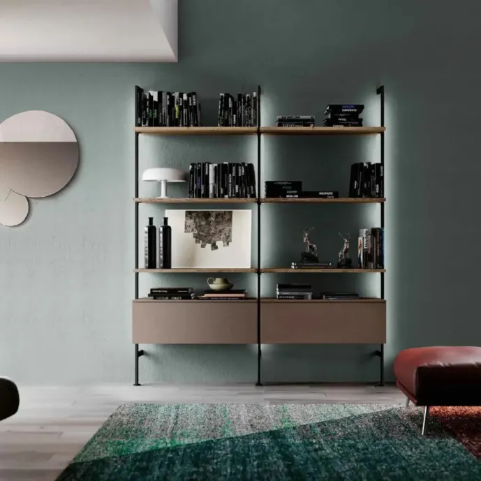 Libreria a muro moderna 186x35x215 h cm, Rovere tabacco e Bronzo- Island Zenzero Shop