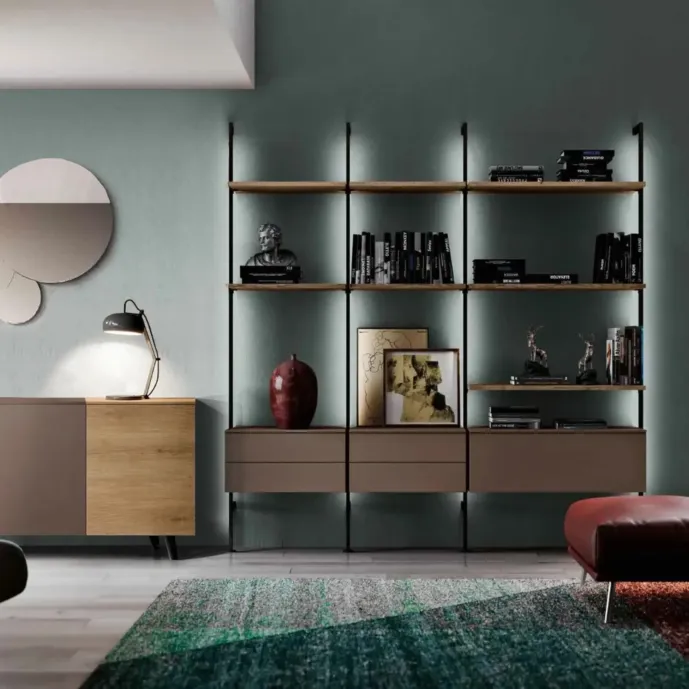Libreria a muro moderna 217x35x215 h cm, Rovere tabacco e Bronzo- Island Zenzero Shop