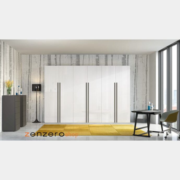 Armadio moderno a 6 ante battenti, finitura bianco lucido