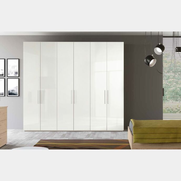 Armadio moderno finitura Bianco nobilitato, 6 ante battenti