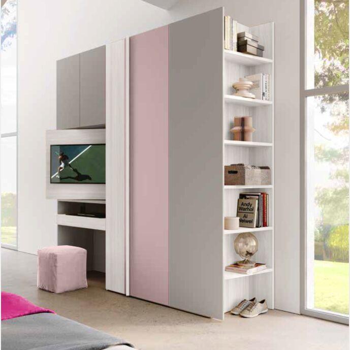Armadio con scrivania estraibile e vano tv, 5 ante Bianco altea, Rosa confetto e Grigio seta
