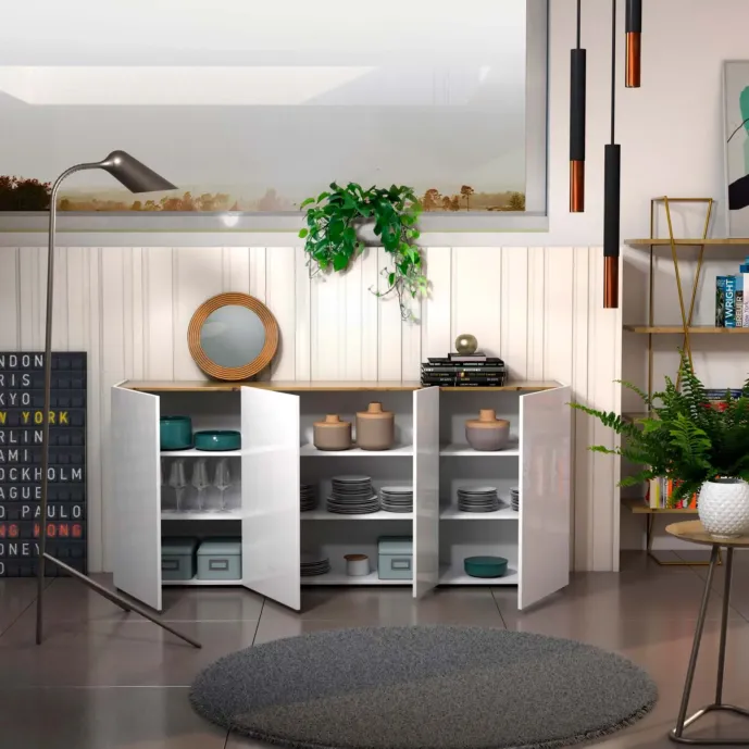 Scarpiera L.203 cm Bianco lucido con top Rovere, 4 ante