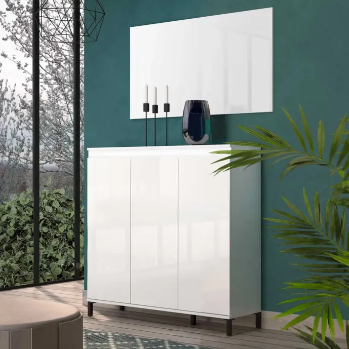 Madia alta 3 ante colore Bianco Lucido, Made in italy