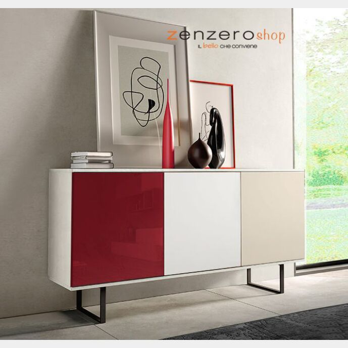 Madia moderna Orbitar con 3 ante in finitura Bianco calce, Vetro rosso, Terra opaco e Bianco opaco