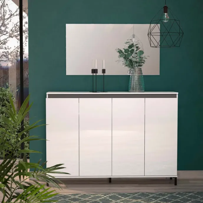 Madia moderna a 4 ante, Bianca lucida con dettaglio Ardesia