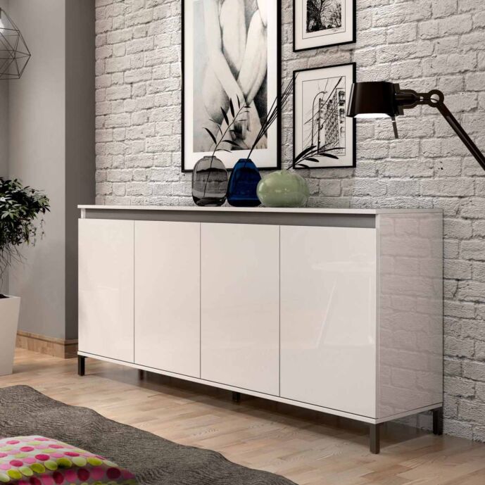 Madia a 4 ante, colore Bianco lucido e Ardesia