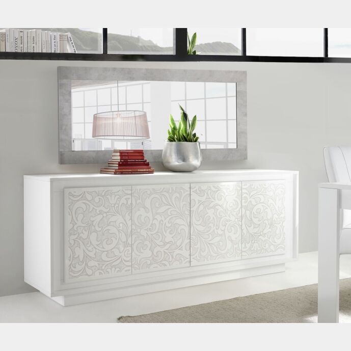 Credenza con serigrafia floreale 4 ante, Bianco Opaco
