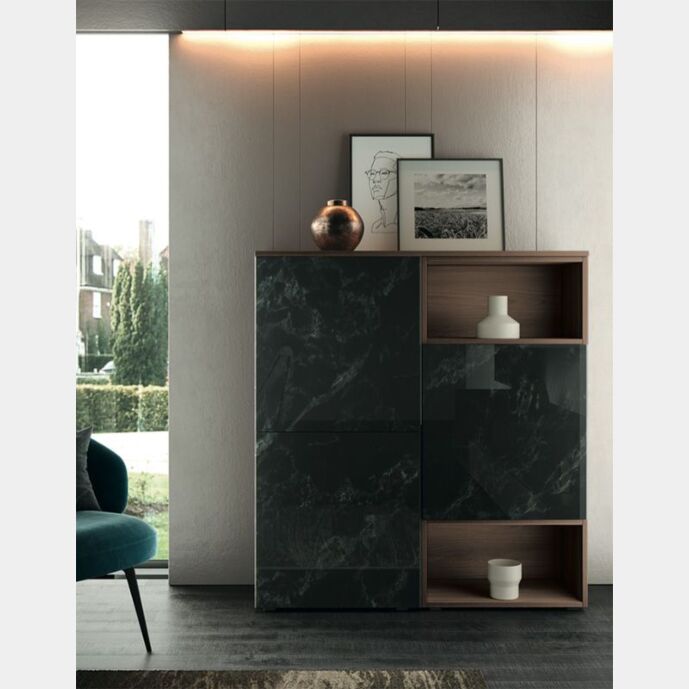 Madia moderna Cuore con 3 ante in finitura Bianco calce, Quercia brown e Vetro marmo dark