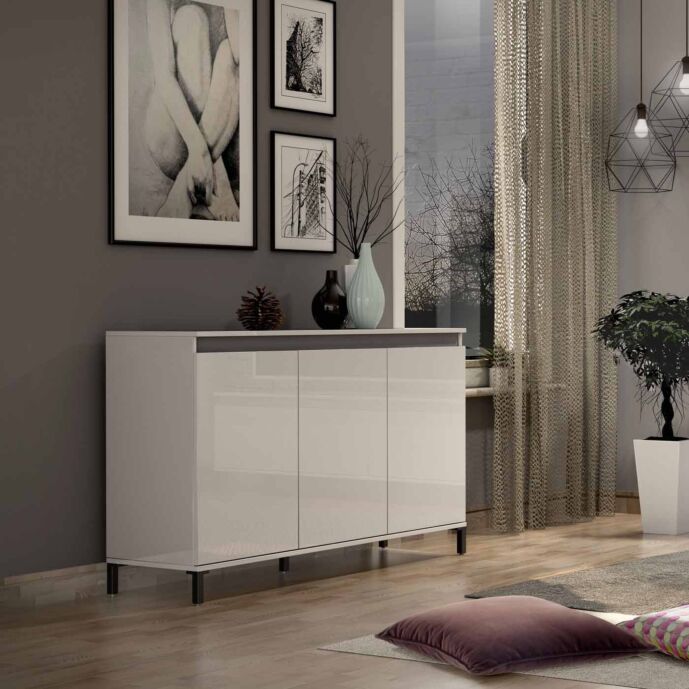 Madia a 3 ante, colore Bianco lucido e Ardesia