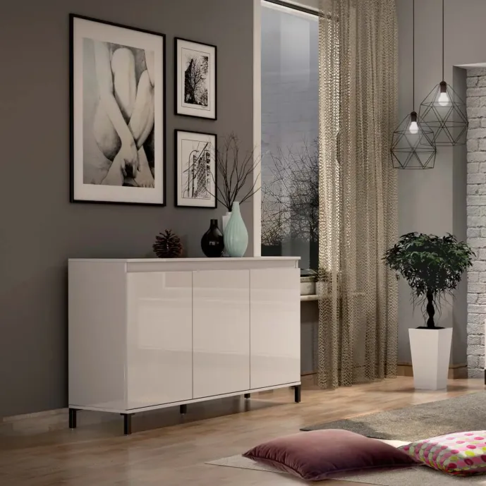Credenza moderna a 3 ante, finitura Bianca lucida
