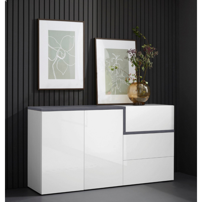 Madia moderna con 2 ante e 3 cassetti in finitura Bianco lucido e Ardesia