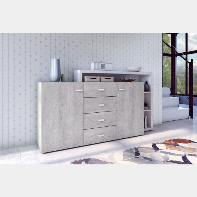Credenza L.180 cm 2 ante e 4 cassetti, finitura bianco opaco e grigio cemento