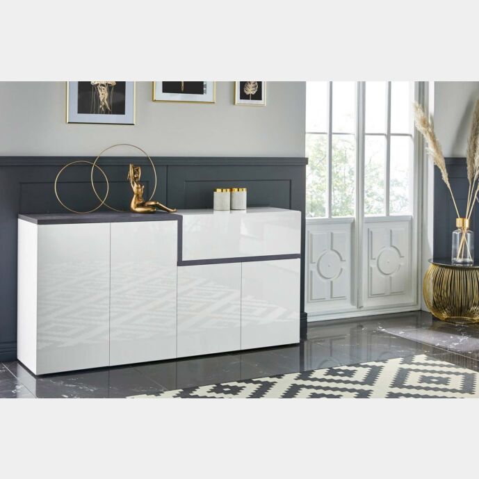 Madia moderna con 4 ante e 1 cassetto in finitura Bianco lucido e Ardesia 